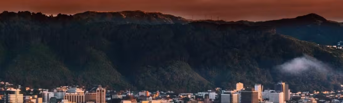 Wellington city beneath the hills at sunset